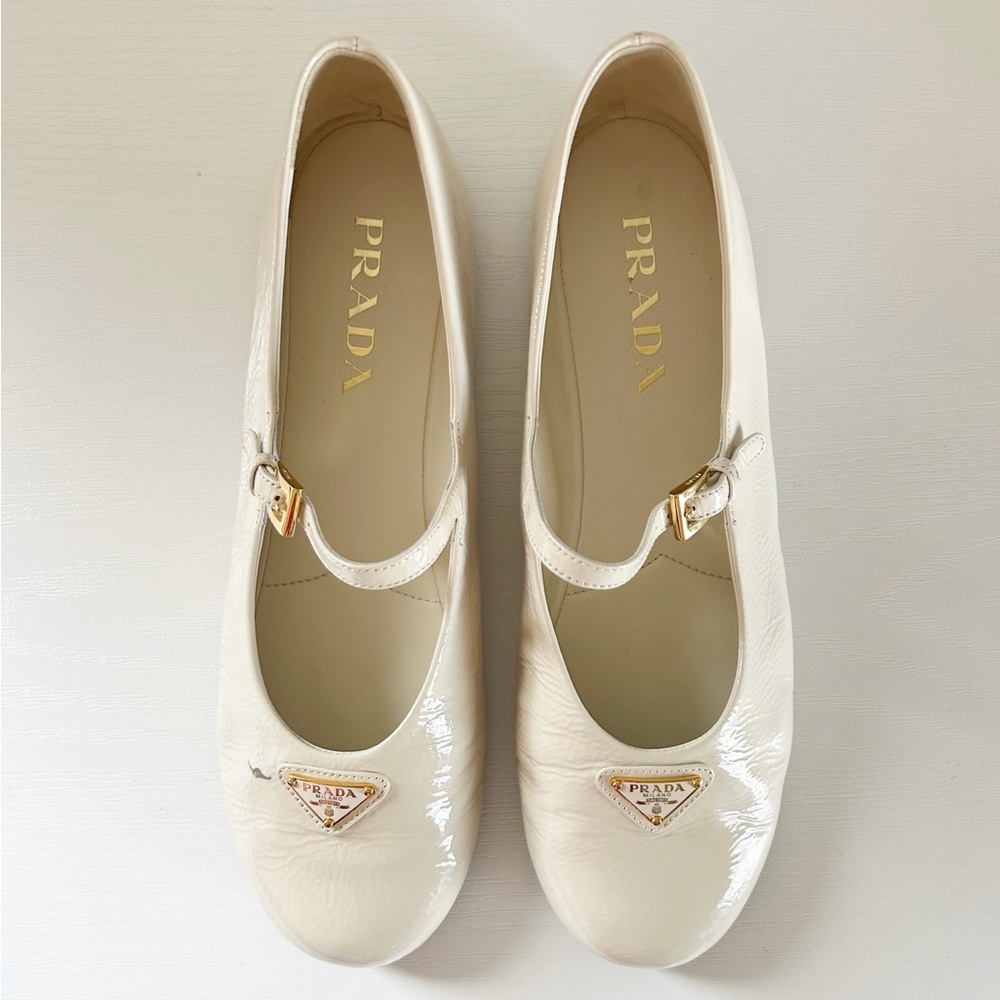 Prada White Mary Jane Ballerina Flats Triangle Logo Patent Leather Size EU 38.5